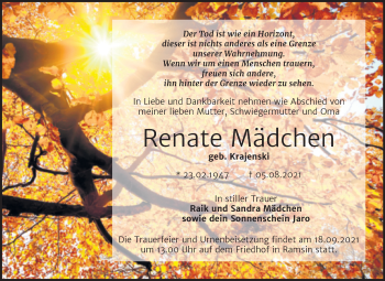 Traueranzeige von Renate Mädchen von Trauerkombi Bitterfeld