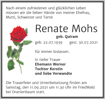 Traueranzeige von Renate Mohs von Trauerkombi Dessau