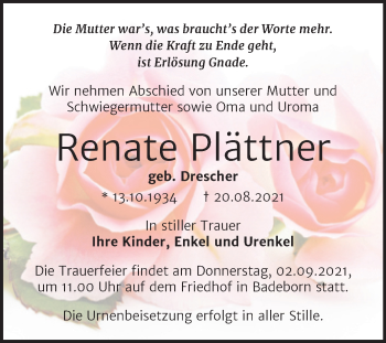 Traueranzeige von Renate Plättner von Trauerkombi Quedlinburg