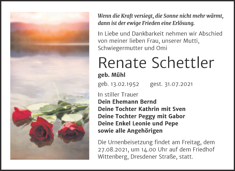  Traueranzeige für Renate Schettler vom 14.08.2021 aus Trauerkombi Wittenberg