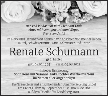 Traueranzeige von Renate Schumann von Mitteldeutsche Zeitung Halle/Saalkreis