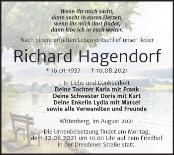 Traueranzeige von Richard Hagendorf von Trauerkombi Wittenberg
