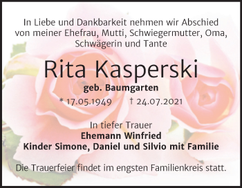 Traueranzeige von Rita Kasperski von Trauerkombi Bernburg