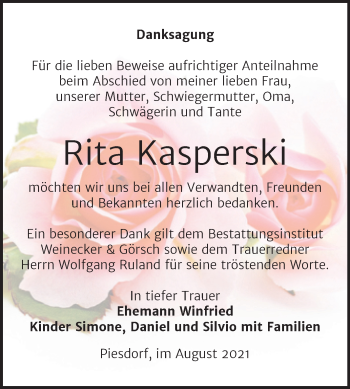 Traueranzeige von Rita Kasperski von Trauerkombi Bernburg