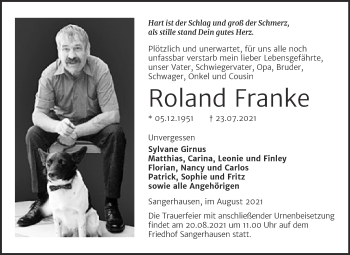 Traueranzeige von Roland Franke von Trauerkombi Sangerhausen