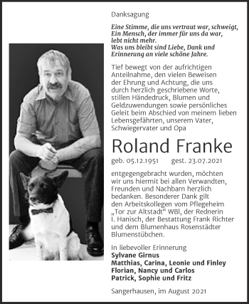 Traueranzeige von Roland Franke von Trauerkombi Sangerhausen