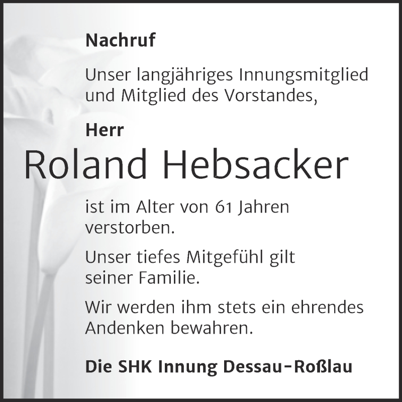  Traueranzeige für Roland Hebsacker vom 07.08.2021 aus Mitteldeutsche Zeitung Dessau-Roßlau
