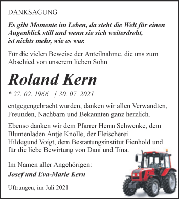 Traueranzeige von Roland Kern von Trauerkombi Sangerhausen