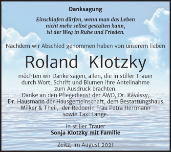Traueranzeige von Roland Klotzky von Trauerkombi Zeitz