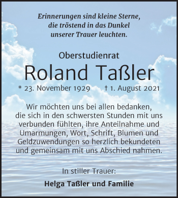 Traueranzeige von Roland Taßler von Mitteldeutsche Zeitung Halle/Saalkreis