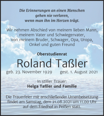 Traueranzeige von Roland Taßler von Mitteldeutsche Zeitung Halle/Saalkreis