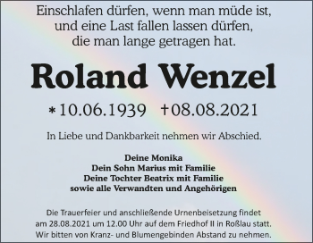 Traueranzeige von Roland Wenzel von Trauerkombi Dessau