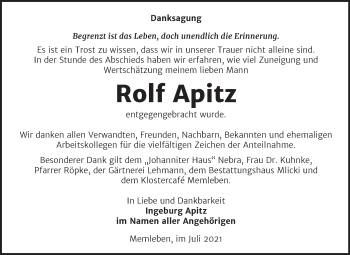 Traueranzeige von Rolf Apitz von Naumburger Tageblatt