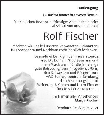 Traueranzeige von Rolf Fischer von Trauerkombi Bernburg