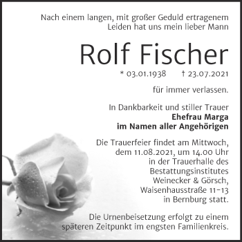 Traueranzeige von Rolf Fischer von Trauerkombi Bernburg