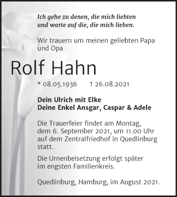 Traueranzeige von Rolf Hahn von Trauerkombi Quedlinburg
