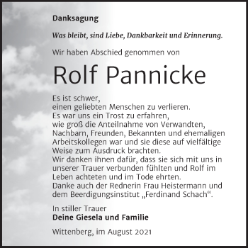 Traueranzeige von Rolf Pannicke von Trauerkombi Wittenberg