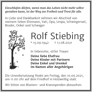 Traueranzeige von Rolf Stiebing von Trauerkombi Bitterfeld
