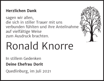 Traueranzeige von Ronald Knorre von Super Sonntag Quedlingburg