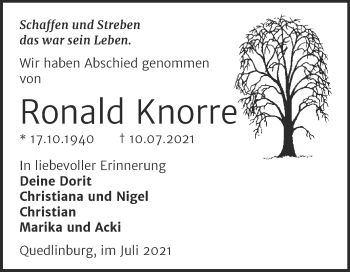 Traueranzeige von Ronald Knorre von Wochenspiegel Quedlingburg