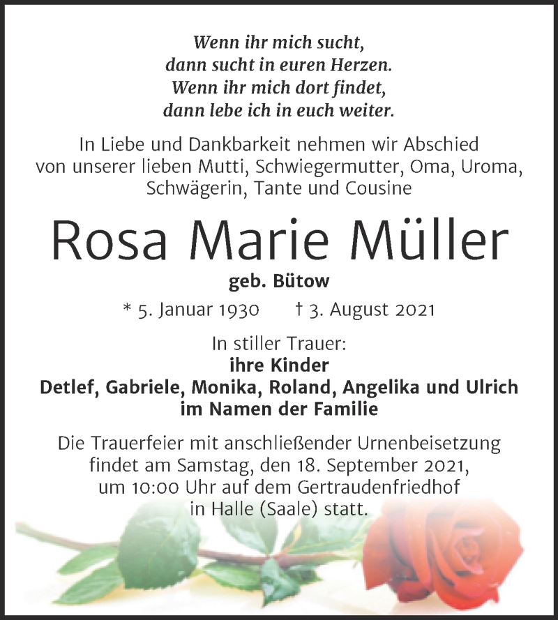  Traueranzeige für Rosa Marie Müller vom 14.08.2021 aus Mitteldeutsche Zeitung Halle/Saalkreis