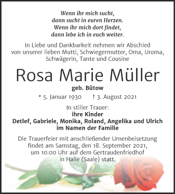 Traueranzeige von Rosa Marie Müller von Mitteldeutsche Zeitung Halle/Saalkreis