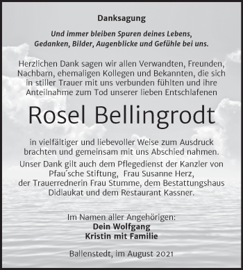 Traueranzeige von Rosel Bellingrodt von Trauerkombi Quedlinburg