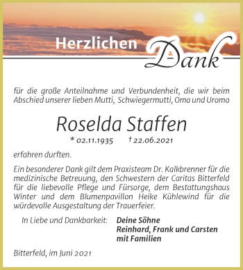 Traueranzeige von Roselda Staffen von Trauerkombi Bitterfeld