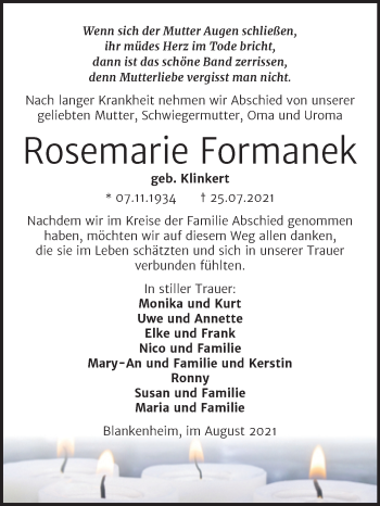 Traueranzeige von Rosemarie Formanek von Mitteldeutsche Zeitung Sangerhausen