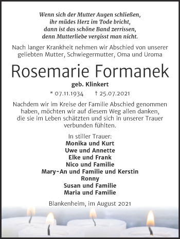 Traueranzeige von Rosemarie Formanek von Trauerkombi Mansfelder Land