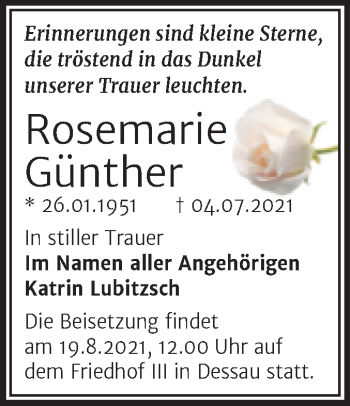 Traueranzeige von Rosemarie Günther von Trauerkombi Dessau