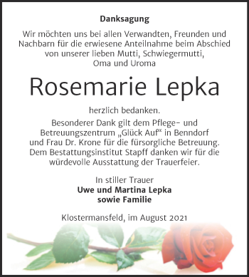 Traueranzeige von Rosemarie Lepka von Trauerkombi Mansfelder Land
