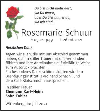 Traueranzeige von Rosemarie Schuur von Trauerkombi Wittenberg