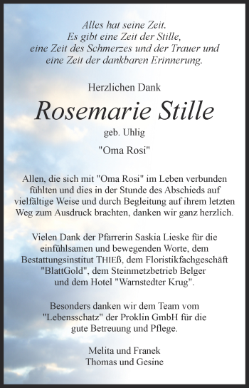 Traueranzeige von Rosemarie Stille von Trauerkombi Quedlinburg