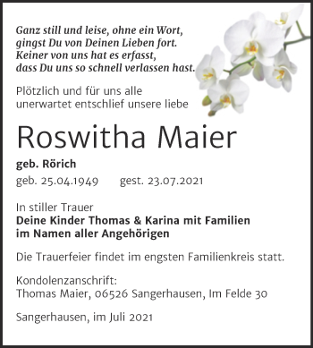 Traueranzeige von Roswitha Maier von Trauerkombi Sangerhausen