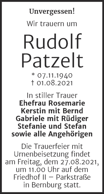 Traueranzeige von Rudolf Patzelt von Trauerkombi Bernburg