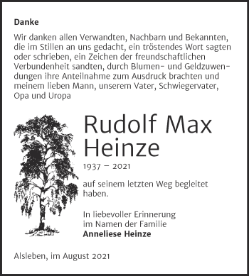 Traueranzeige von Rudolf Max Heinze von Trauerkombi Bernburg