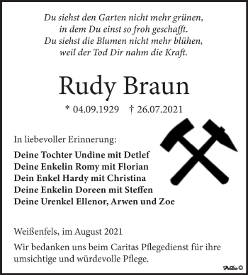 Traueranzeige von Rudy Braun von Trauerkombi Weißenfels