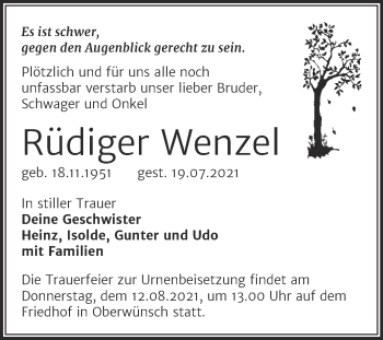 Traueranzeige von Rüdiger Wenzel von Trauerkombi Merseburg