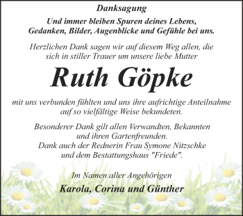 Traueranzeige von Ruth Göpke von Trauerkombi Dessau