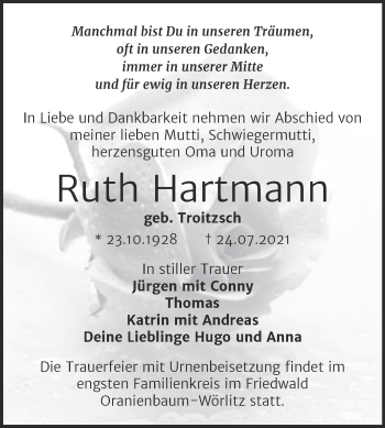 Traueranzeige von Ruth Hartmann von Trauerkombi Bitterfeld