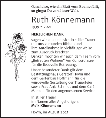Traueranzeige von Ruth Könnemann von Trauerkombi Aschersleben