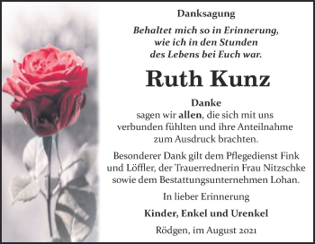 Traueranzeige von Ruth Kunz von Trauerkombi Bitterfeld