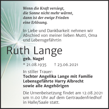 Traueranzeige von Ruth Lange von Mitteldeutsche Zeitung Halle/Saalkreis