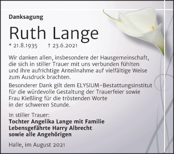 Traueranzeige von Ruth Lange von Mitteldeutsche Zeitung Halle/Saalkreis
