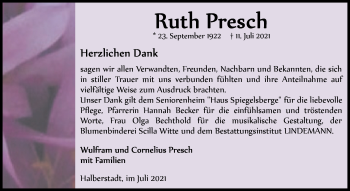 Traueranzeige von Ruth Presch von Trauerkombi Quedlinburg