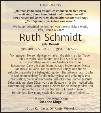 Traueranzeige von Ruth Schmidt von Trauerkombi Wittenberg