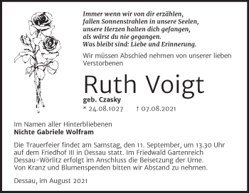 Traueranzeige von Ruth Voigt von Trauerkombi Dessau