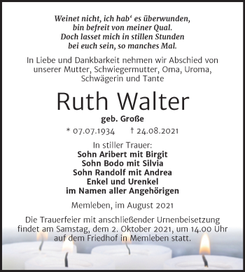 Traueranzeige von Ruth Walter von Naumburger Tageblatt