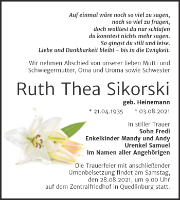 Traueranzeige von Ruth Thea Sikorski von Trauerkombi Quedlinburg